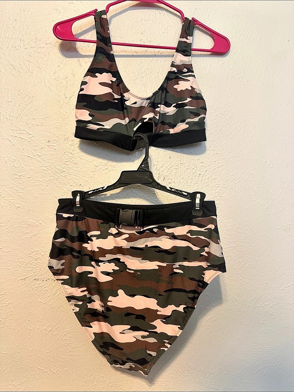 Camo Buckle Bikini Set in Green & Pink Like New